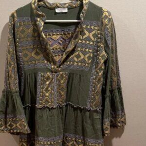 Anthropologie Lace the Label Green and Gold Mini Dress with Bell Sleeves XS